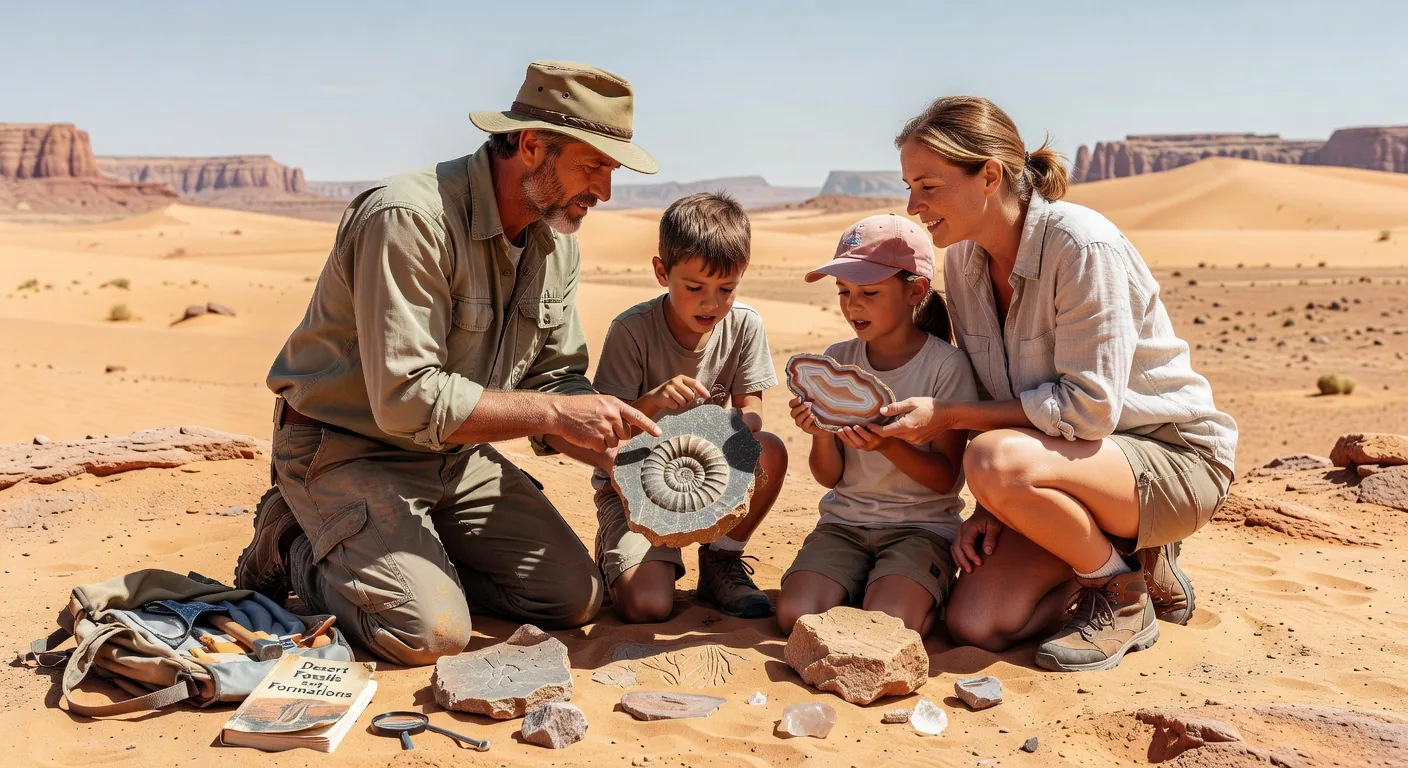 Family exploring desert rocks and fossils