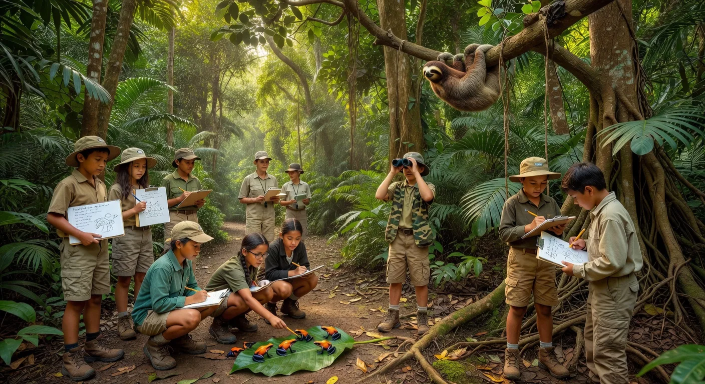 Children taking wildlife notes in the jungle