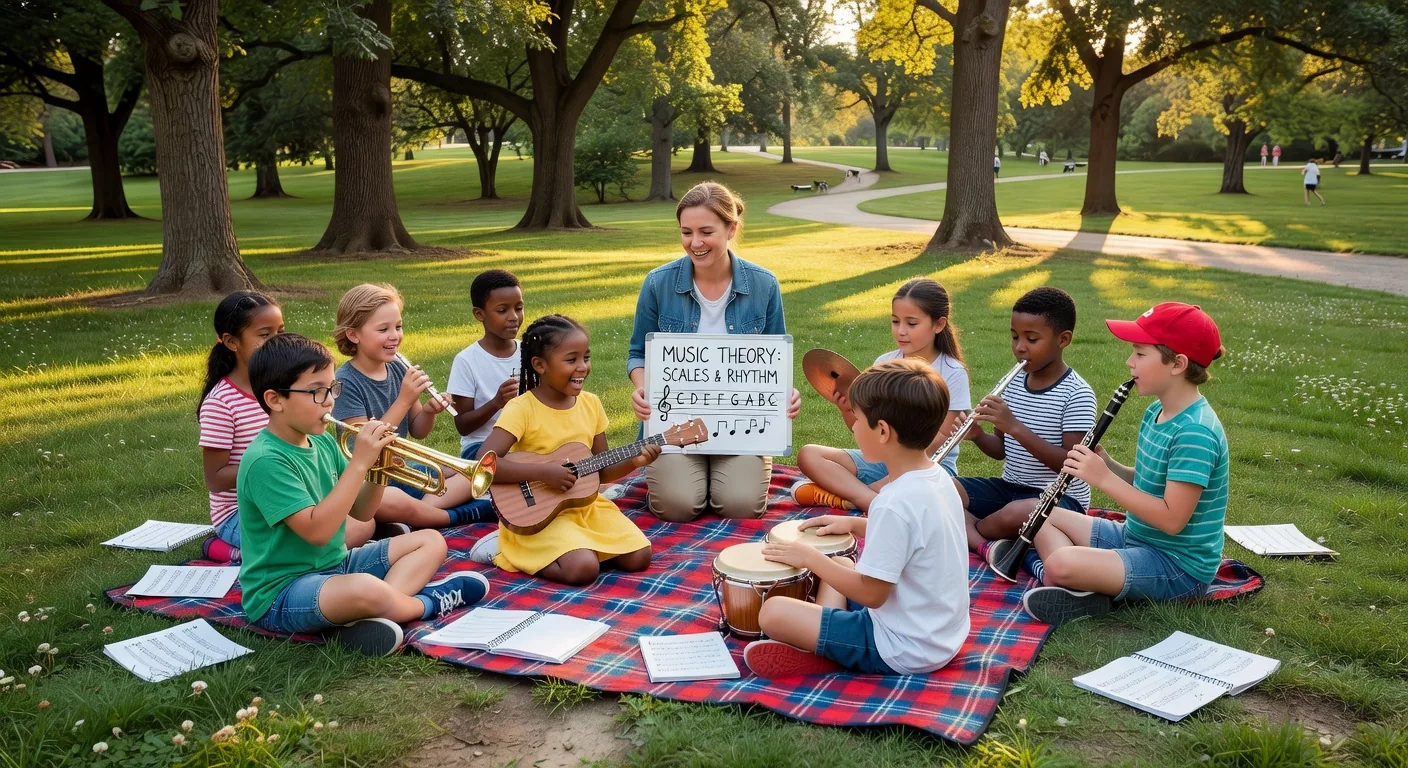 Children playing musical instruments in a park